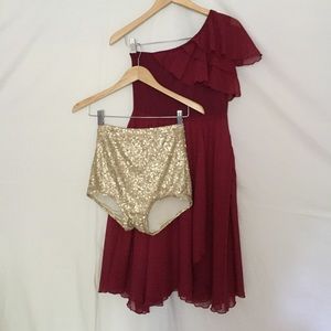 Maroon dress and gold shorts dance costume